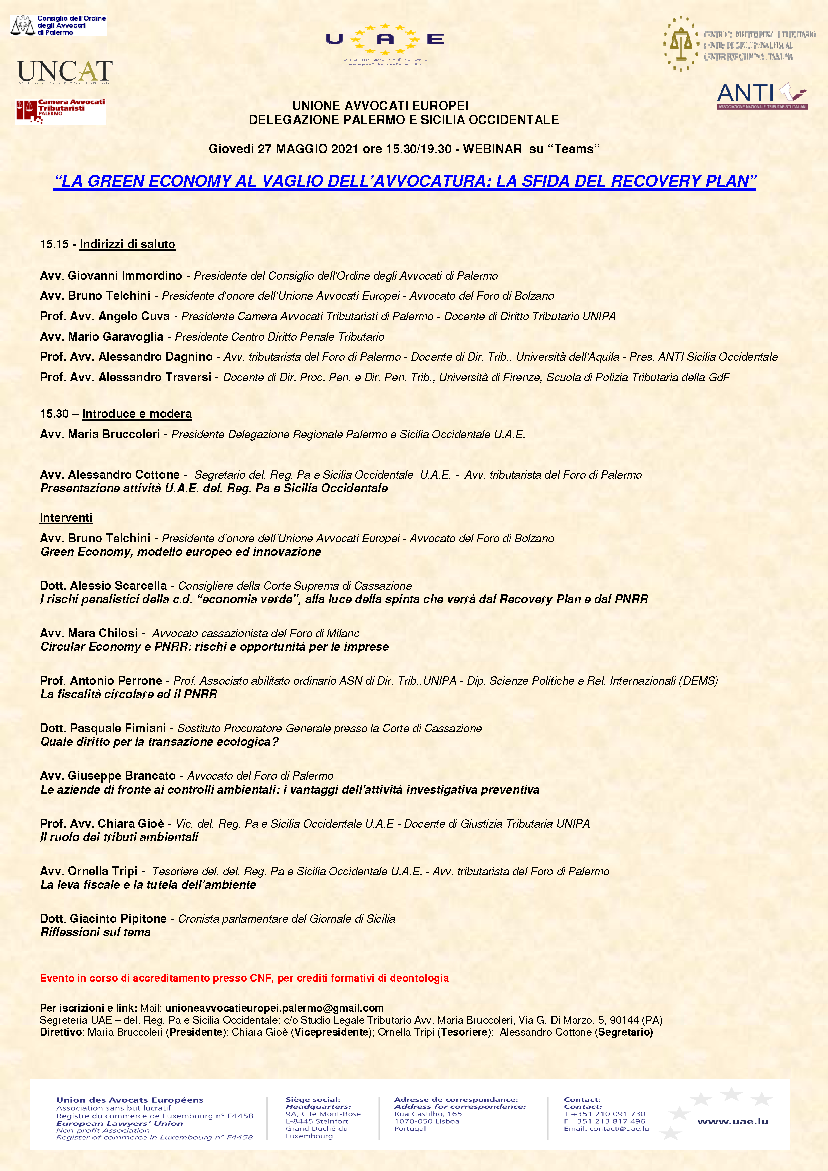 Convegno UAE del 27 maggio 2021 «La green economy al vaglio dell’avvocatura: la sfida del recovery plan»